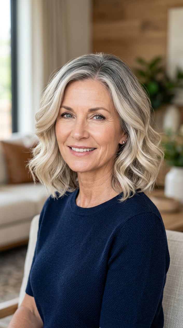 A mature woman with pearl blonde hair and darker roots smiling softly, showing a natural gray blending hair color transition.