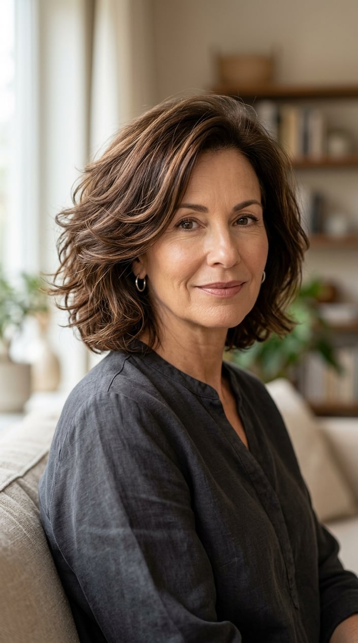 Close-up of a mature woman with chocolate brown hair and fine hazelnut highlights, showing healthy, styled hair.