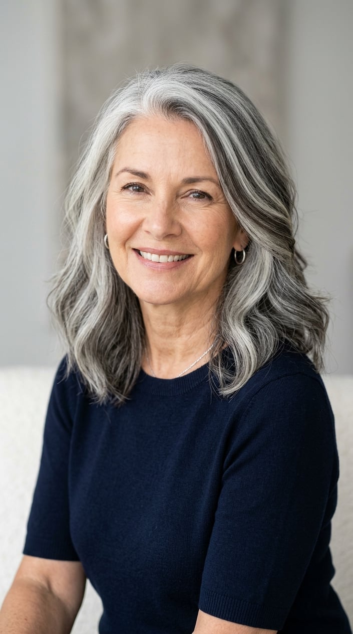 A smiling mature woman with bright gray hair blended with charcoal lowlights against a neutral background.
