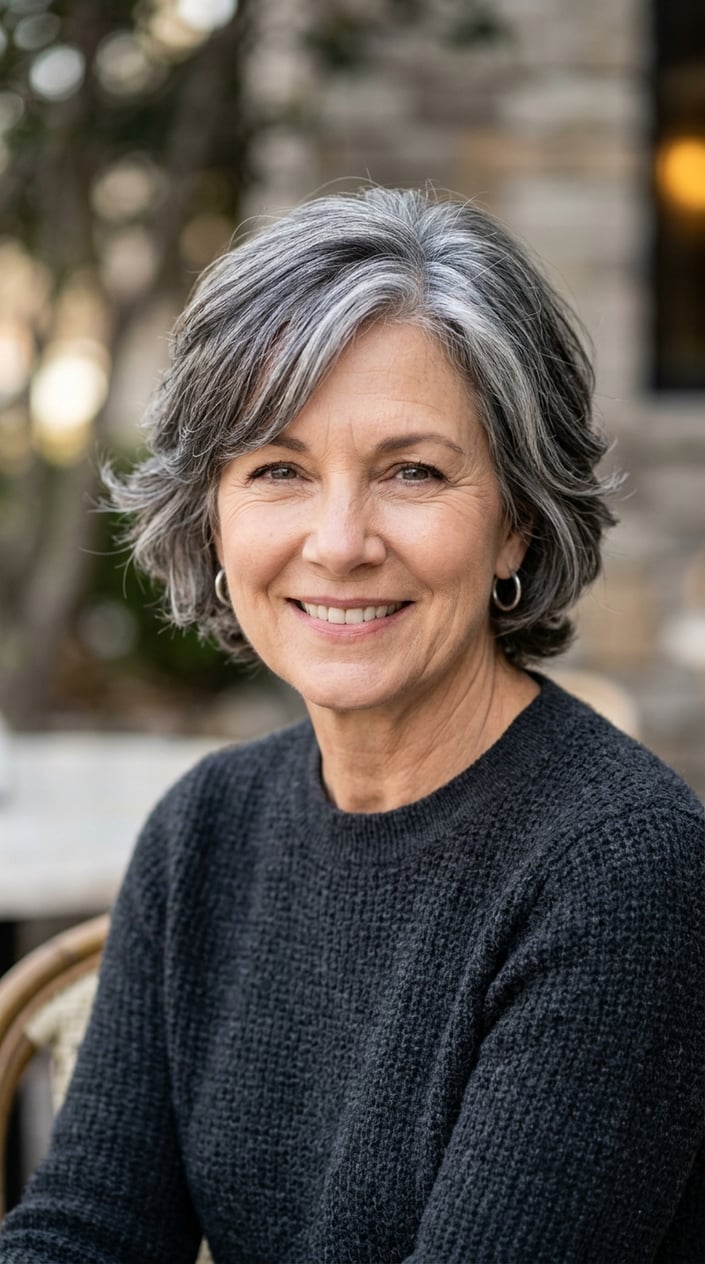 A mature woman with salt-and-pepper hair styled to show volume and texture, looking confidently at the camera.