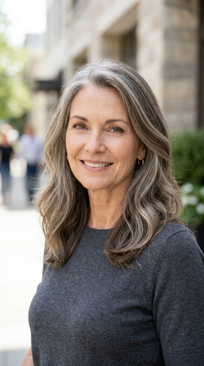 A smiling mature woman with medium-length brown hair blended with soft gray and beige tones.