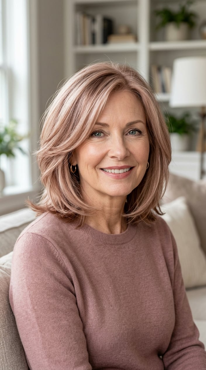 A smiling mature woman with rose beige blonde hair featuring muted strawberry undertones, shown from the shoulders up against a blurred neutral background.