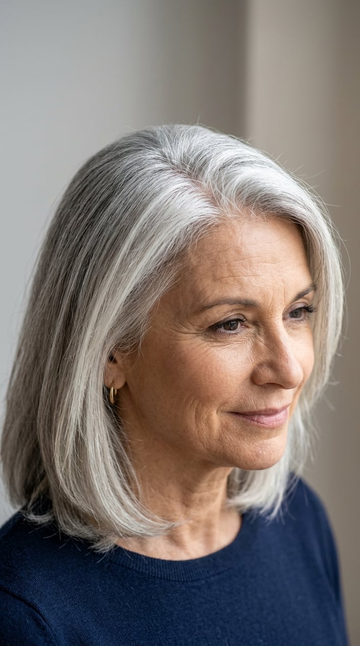 A mature woman with gray hair featuring white highlights around the crown, looking calm and confident against a neutral background.