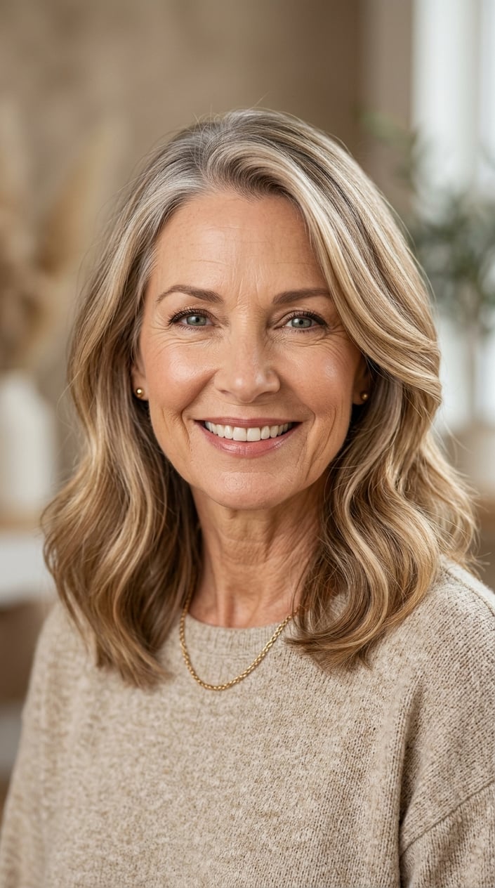 A smiling mature woman with taupe blonde hair blending gray roots, shown from the shoulders up against a blurred neutral background.