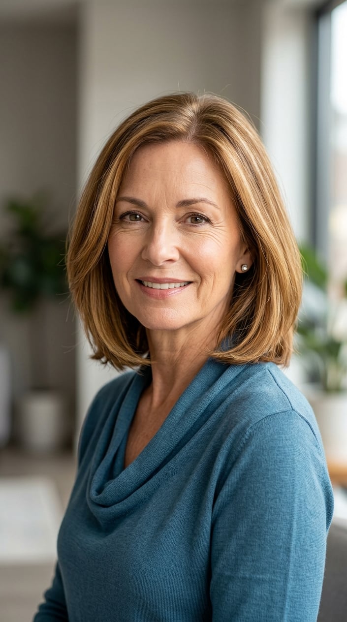 A smiling mature woman with a golden brown lob haircut and delicate amber highlights.