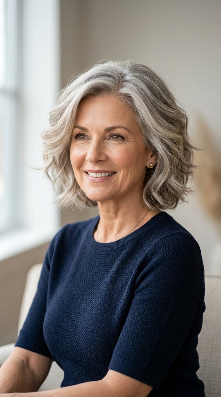 A smiling mature woman with short gray hair showing a soft blend of beige and silver tones.