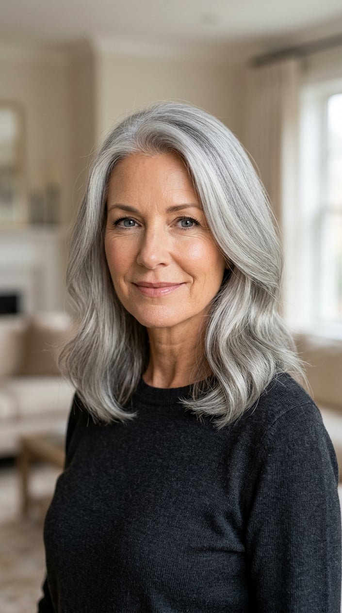 A mature woman with smooth silver-gray hair, shown from the shoulders up, looking confidently into the camera.