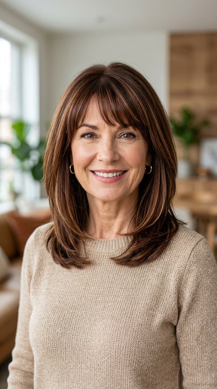 A smiling mature woman with shoulder-length mahogany brunette hair with bronze highlights, standing against a warm blurred background.