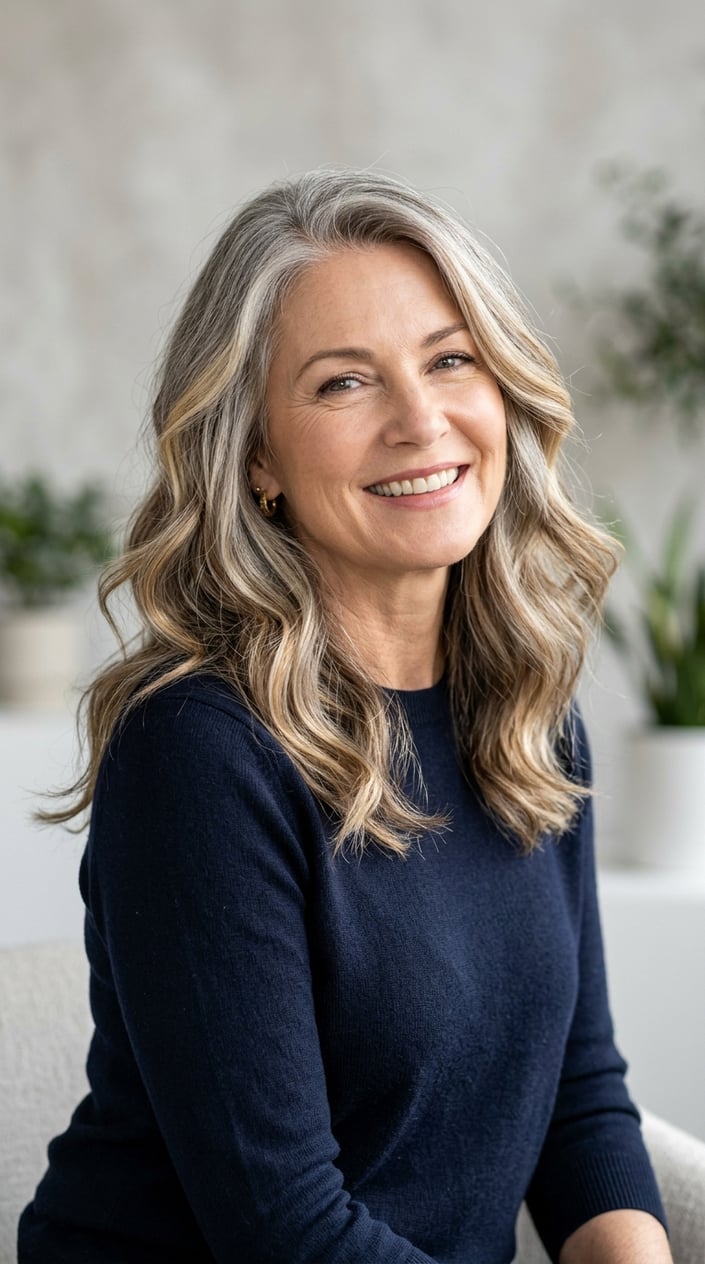 A smiling mature woman with gray hair blended with honey ash highlights, styled in loose waves.