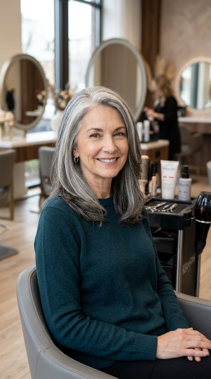 A mature woman with blended gray hair smiling in a salon setting.