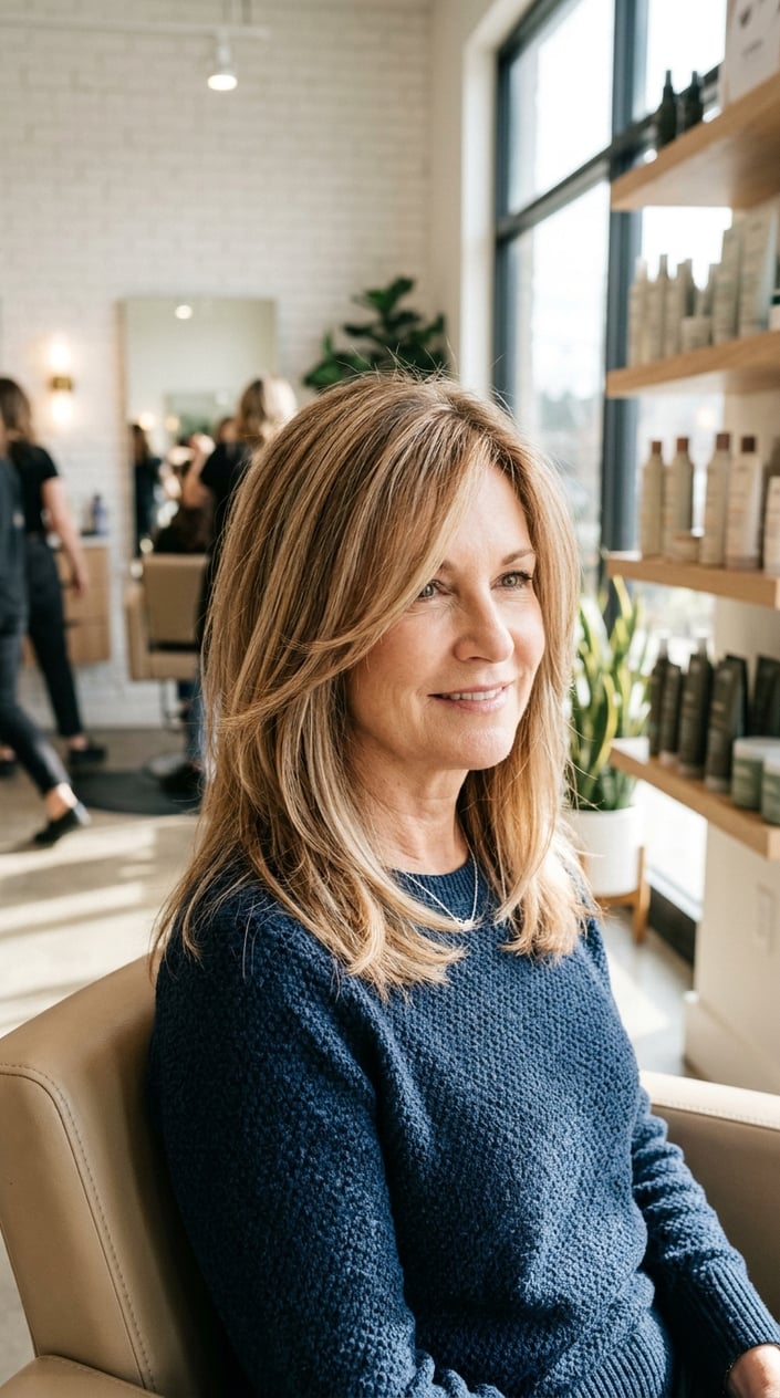 A mature woman over 50 with thinning hair styled to show multi-tonal color, smiling in a bright salon setting.