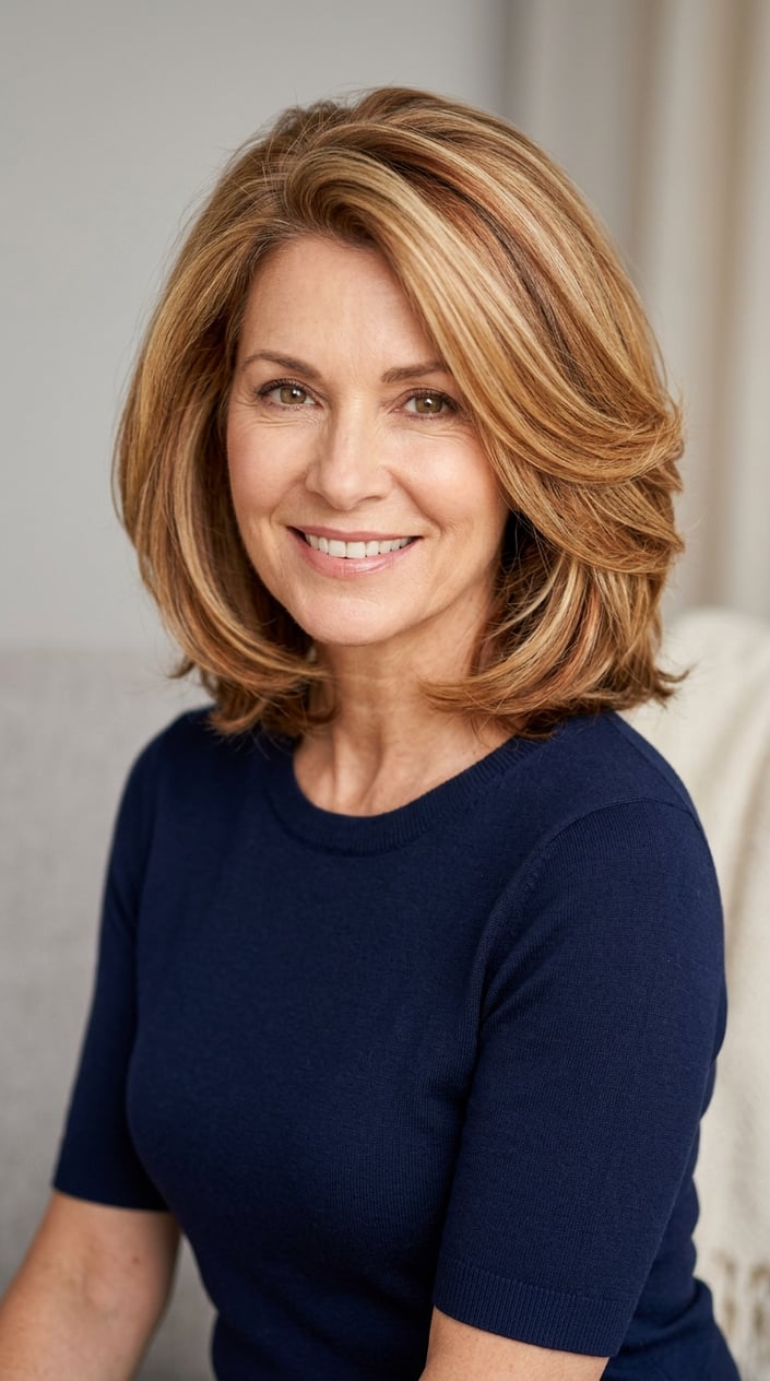 A smiling mature woman with fuller, vibrant multi-dimensional hair color in a softly lit studio setting.