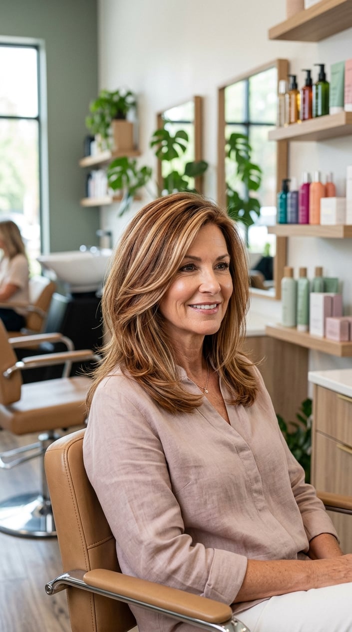 A mature woman with thinning hair showing vibrant multi-tonal hair color sitting in a modern salon, smiling gently.