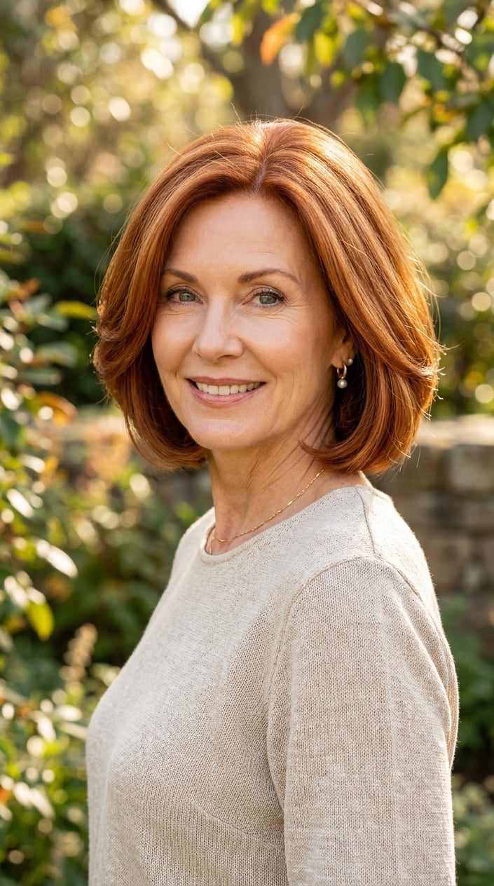 A smiling woman over 55 with a soft cinnamon copper bob hairstyle standing outdoors in natural light.
