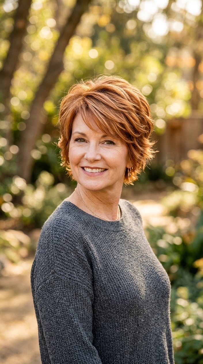 A smiling mature woman with a short golden copper layered pixie haircut standing outdoors with soft natural light.