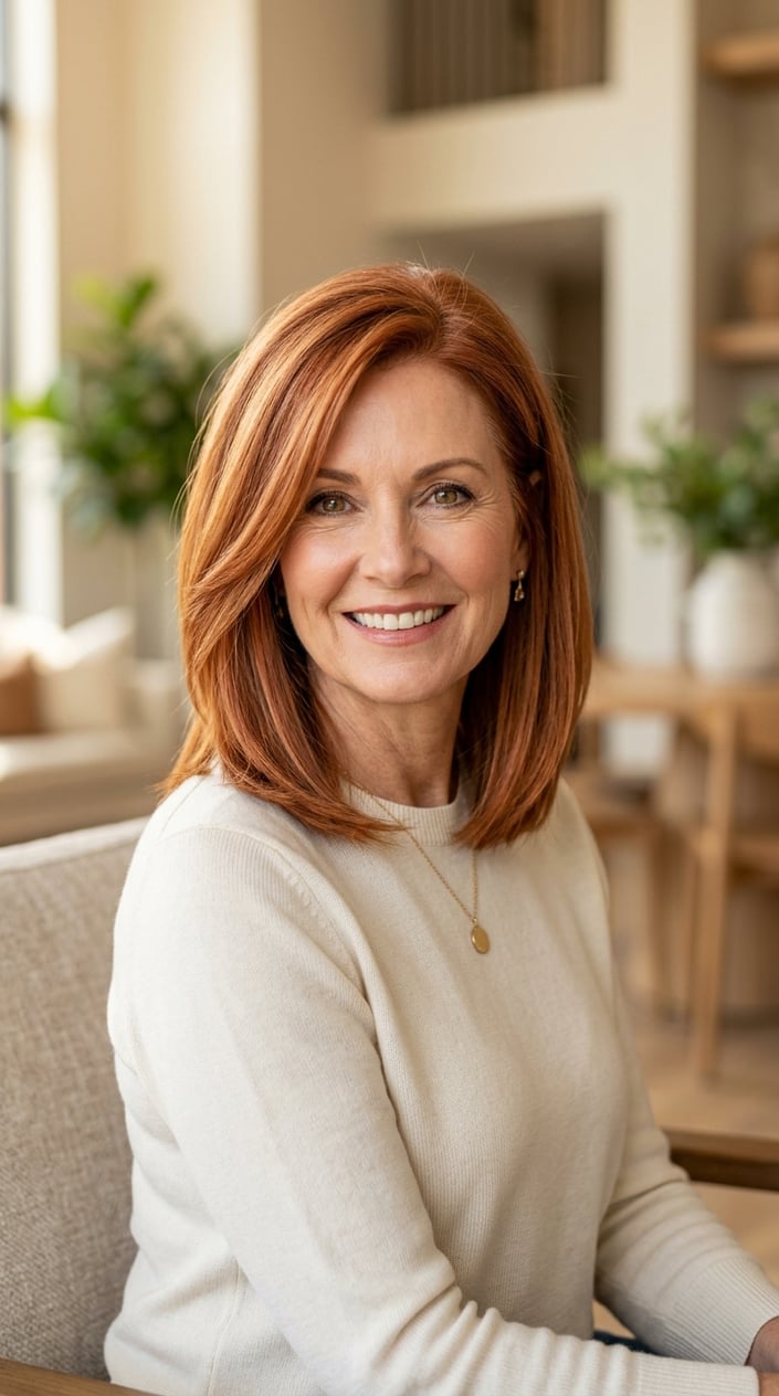 A smiling mature woman with strawberry copper long bob hair and a side part.