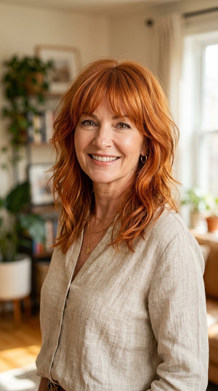 A smiling mature woman with apricot copper shag hairstyle and wispy bangs, looking confidently at the camera.