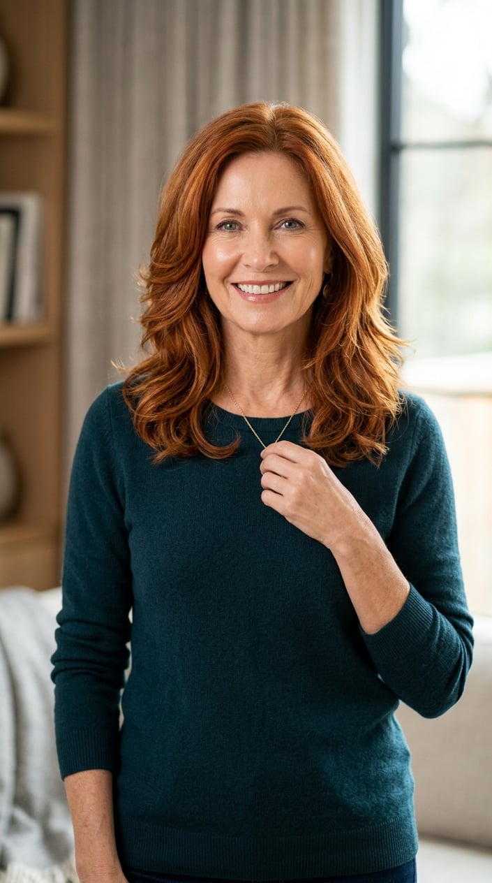 A smiling mature woman with copper auburn shoulder-length layered hair against a neutral background.