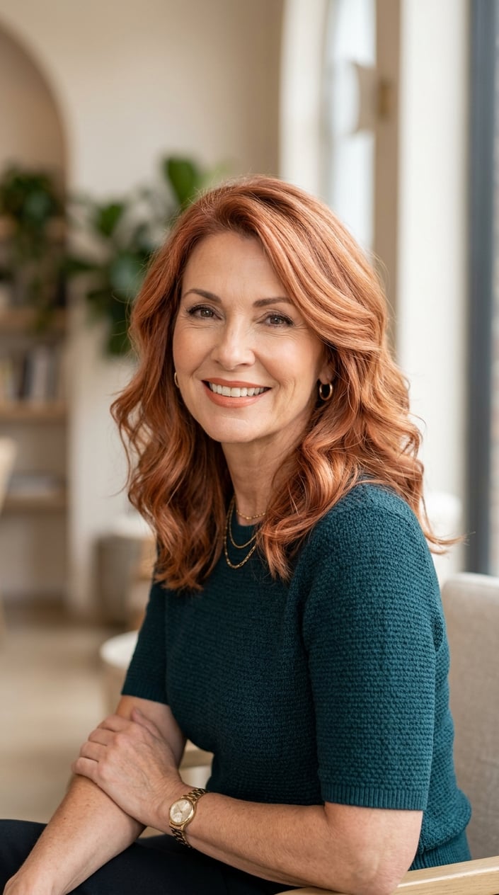 A smiling mature woman with wavy rose copper hair and face-framing highlights.