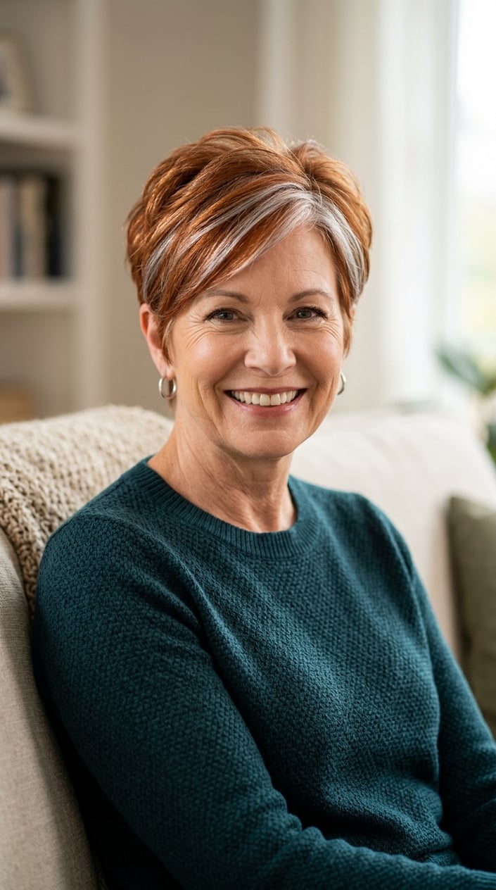 A mature woman with toasted copper and silver blended short hair smiling softly against a neutral background.