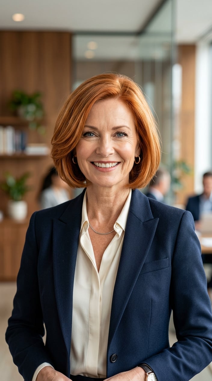 A smiling woman over 55 with chin-length copper-colored hair, wearing a modern outfit against a neutral background.