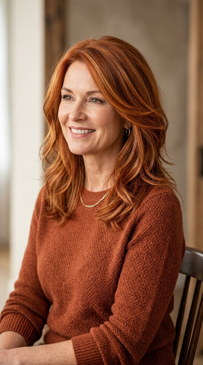 A smiling mature woman with mid-length layered copper hair looking slightly off-camera.
