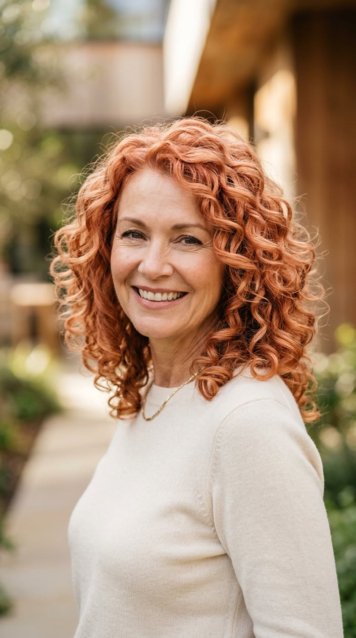 A smiling mature woman with soft peach copper curls posing in natural light.