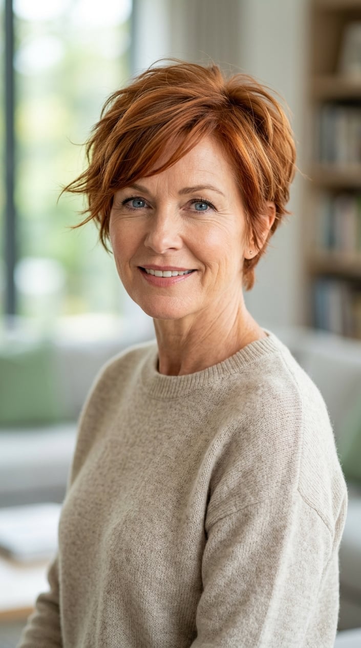 A smiling mature woman with a rust copper pixie bob hairstyle against a softly blurred background.