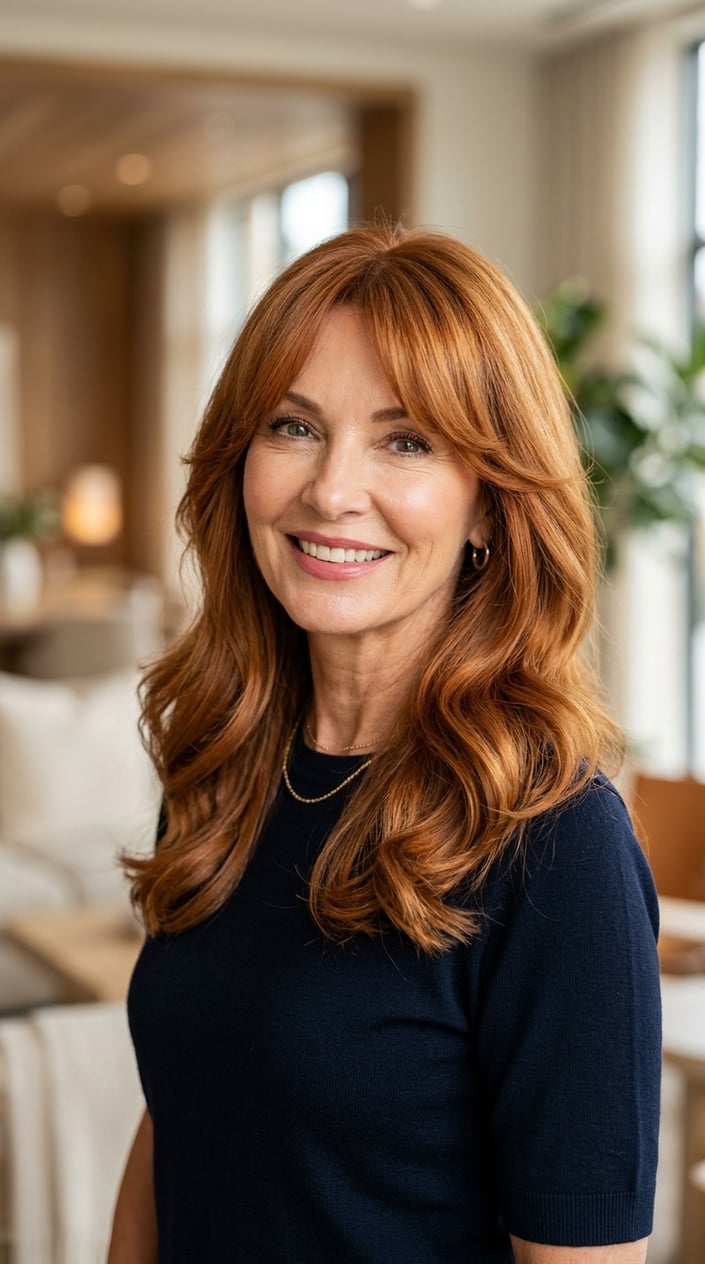 A smiling mature woman with honey copper wavy hair and curtain bangs, looking confident against a softly blurred background.
