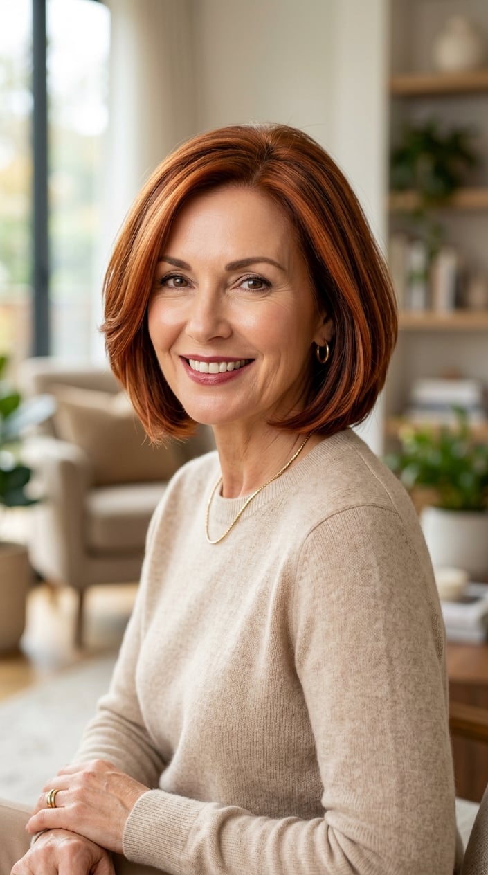 A mature woman with a burnished copper bob hairstyle with subtle lowlights, smiling gently at the camera.