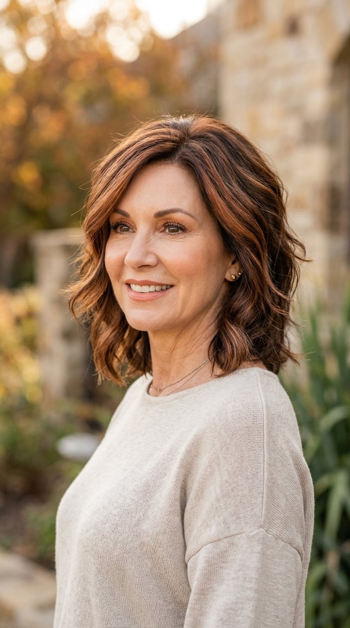 A smiling mature woman with layered brunette hair featuring copper highlights, standing against a warm blurred background.