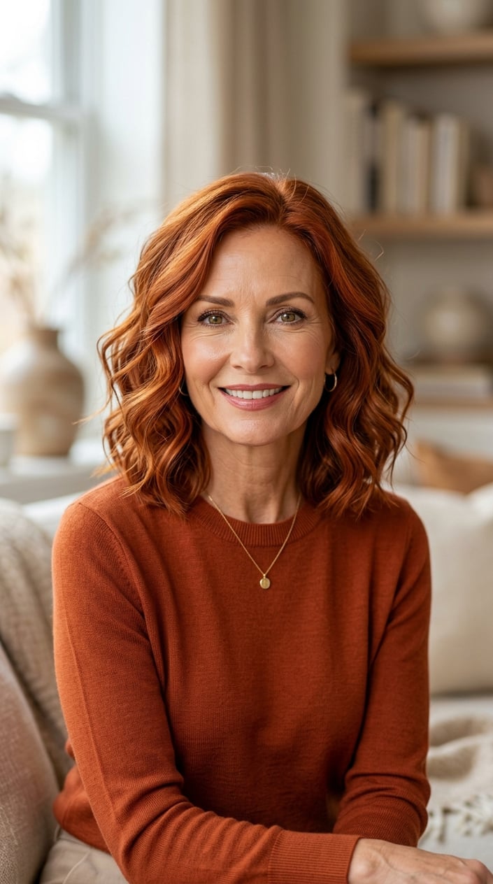 A mature woman with terracotta copper wavy lob hairstyle smiling gently against a softly blurred background.