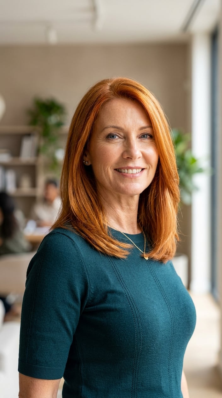 A smiling mature woman with shoulder-length ginger copper hair against a neutral background.