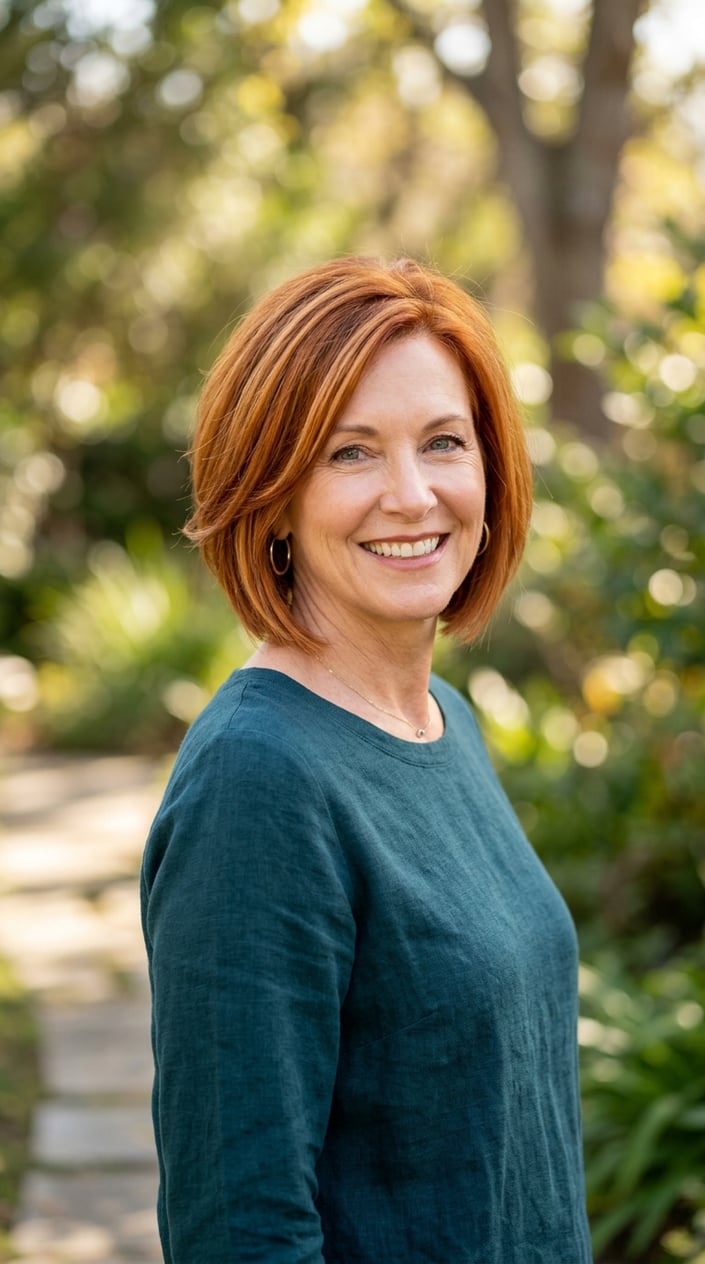 A smiling mature woman with an amber copper bob haircut and tapered ends, looking confident and radiant.