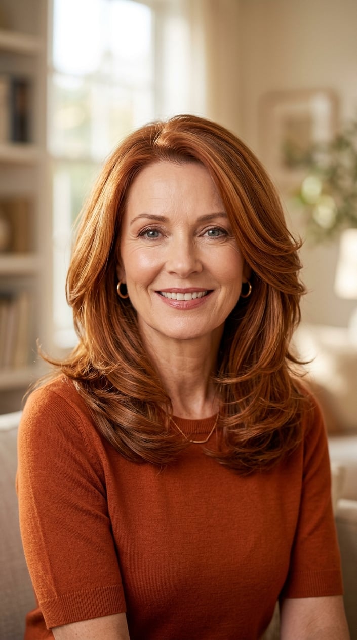 A mature woman with glossy copper bronze layered hair smiling gently against a blurred warm background.
