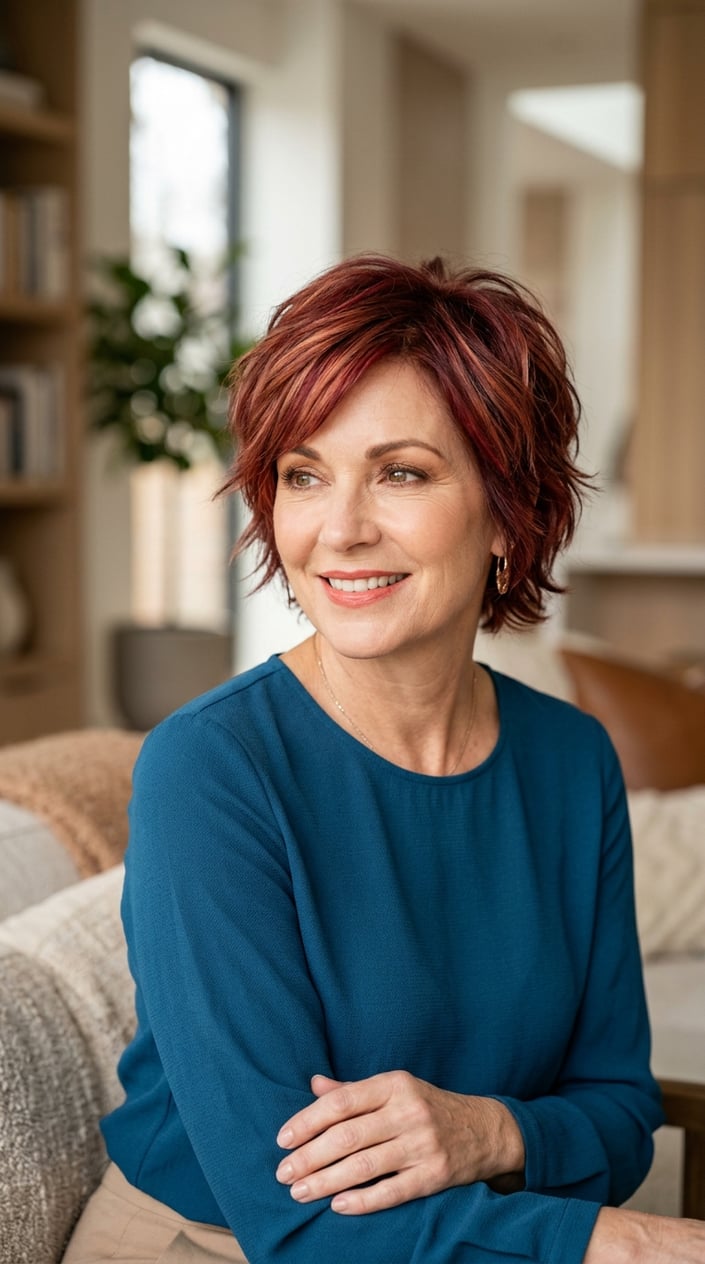 A smiling mature woman with short cranberry copper hair looking slightly away from the camera against a softly blurred background.