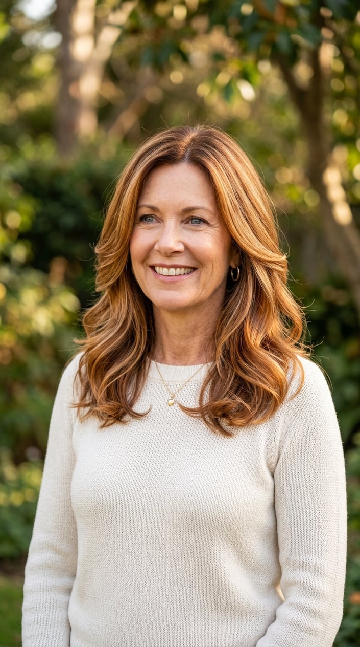 A smiling mature woman with caramel copper balayage layered hair, standing outdoors in natural light.