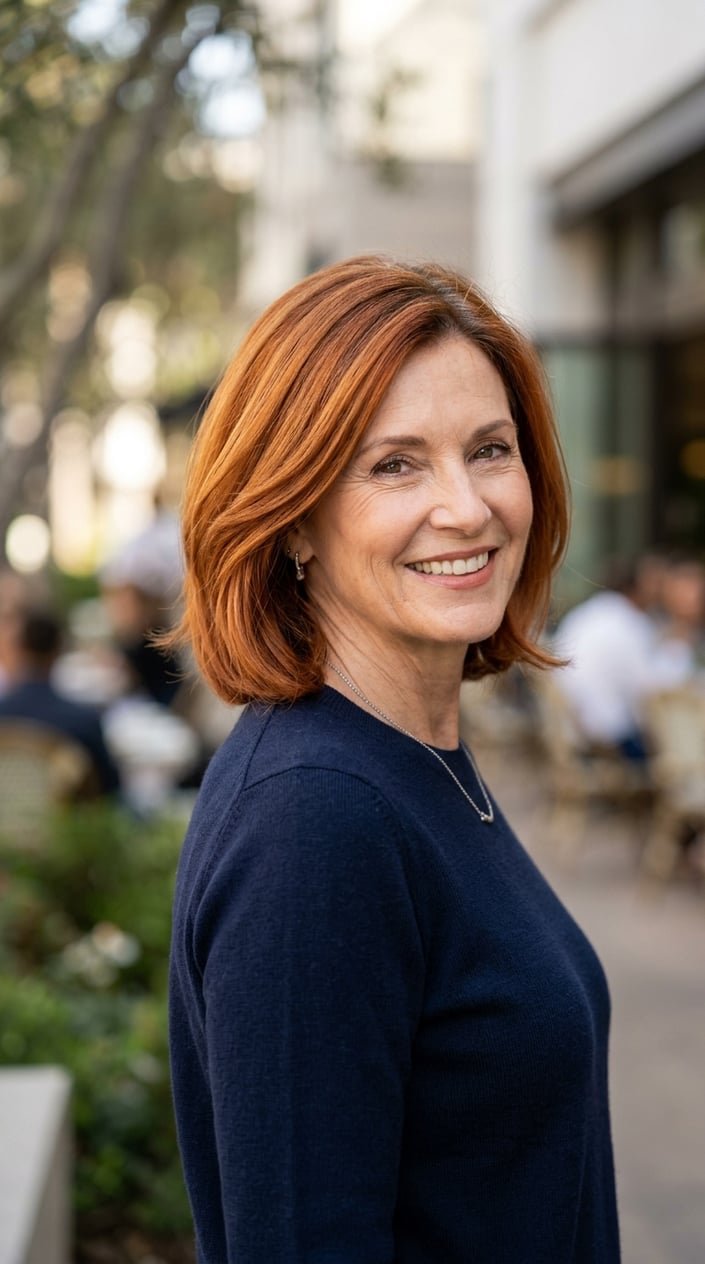A smiling woman over 55 with a bright copper bob hairstyle featuring darker roots.