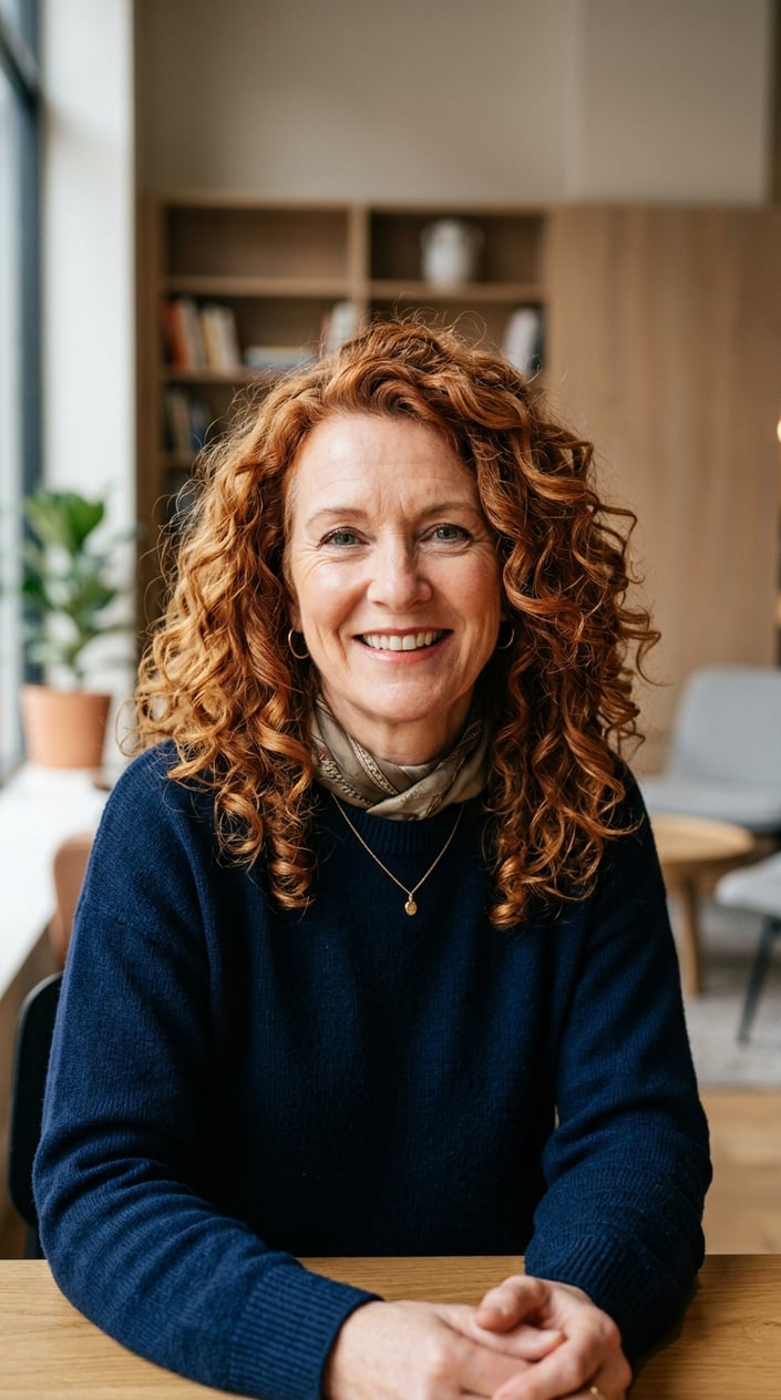 A mature woman with voluminous spiced copper curly hair smiling gently against a neutral background.