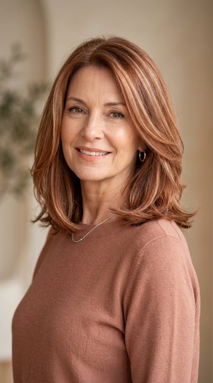 A mature woman with a muted copper beige lob hairstyle smiling gently against a neutral background.