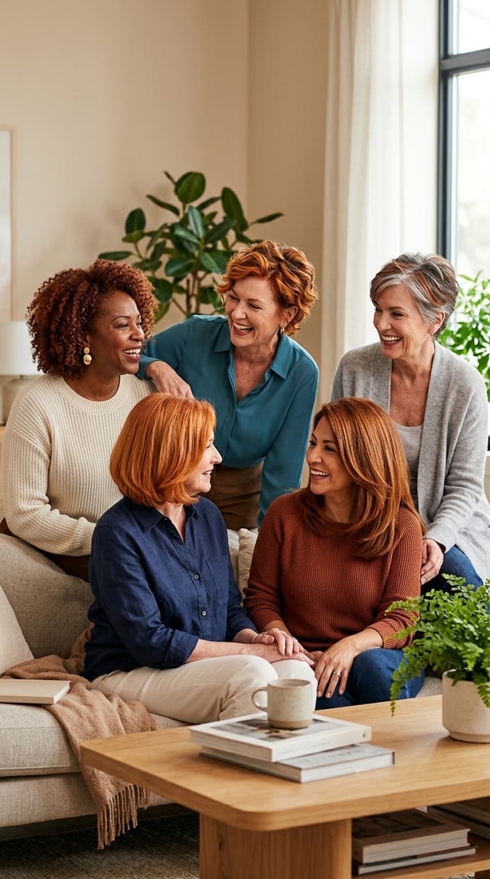 A group of women over 55 with different shades of copper hair smiling and interacting indoors.