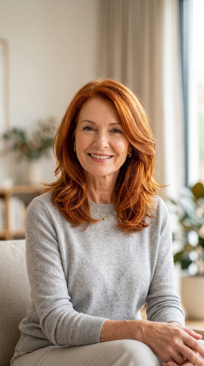 A smiling mature woman with vibrant copper hair in a softly blurred indoor setting.