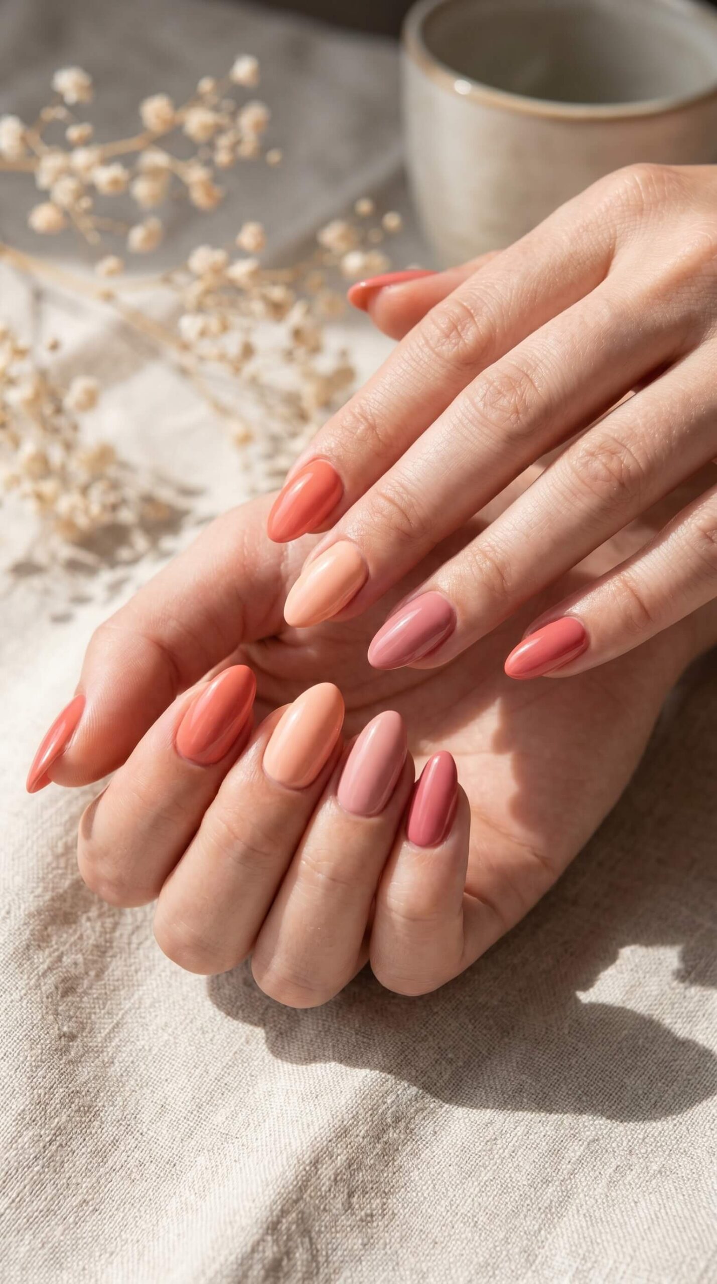 Sunset Aura Nails In Coral, Peach, And Pink