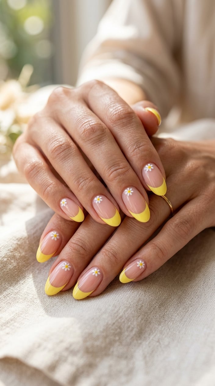 Close-up of hands with lemon yellow French tip nails decorated with small white daisy flowers.