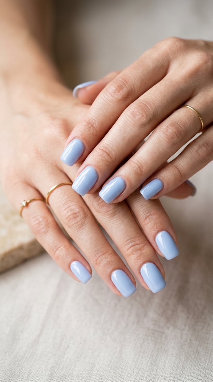 Close-up of hands with glossy squoval-shaped nails painted in a soft blueberry milk color.