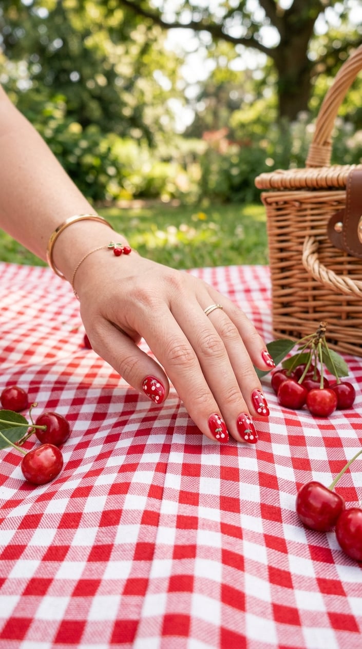 Close-up of a hand with red and white cherry-themed nails resting on a red and white checkered picnic blanket with fresh cherries nearby.