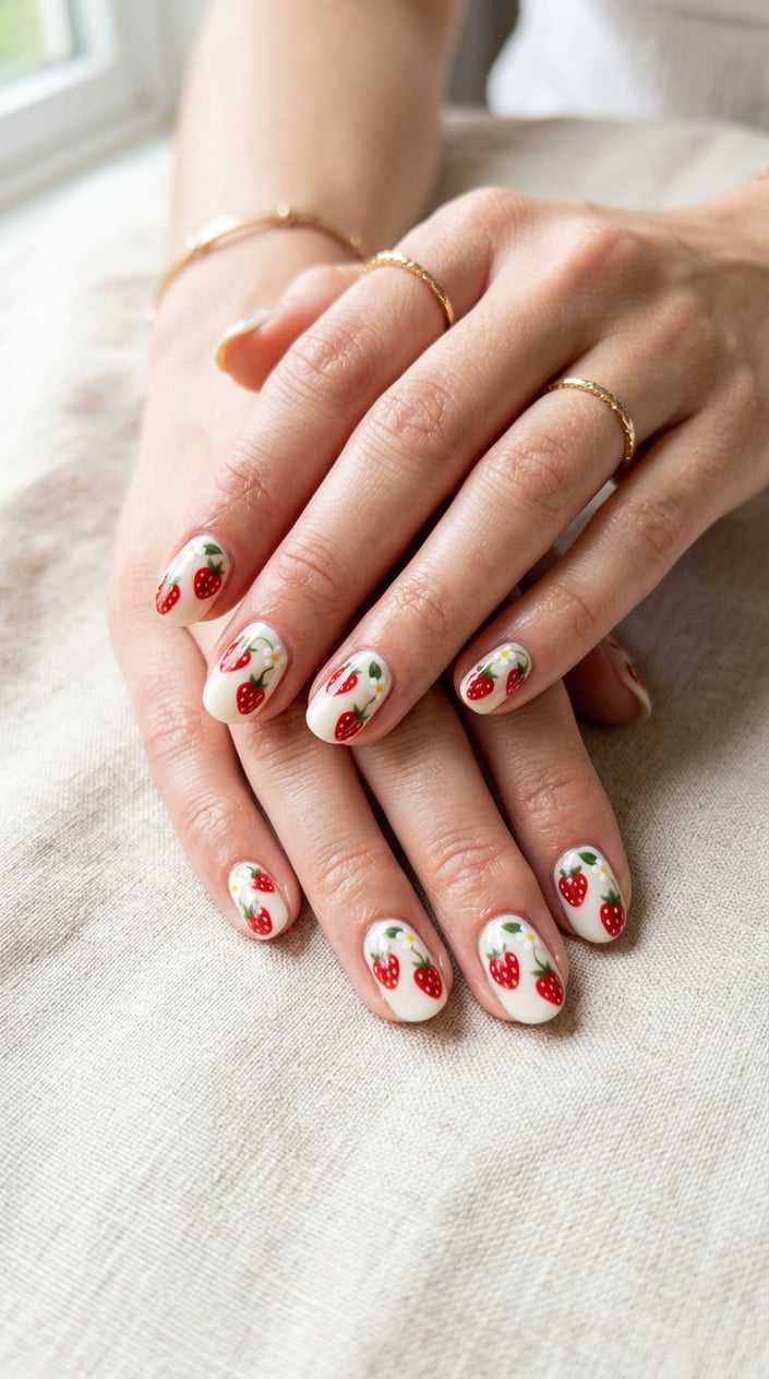 Close-up of hands with cream base nails decorated with red strawberry designs.