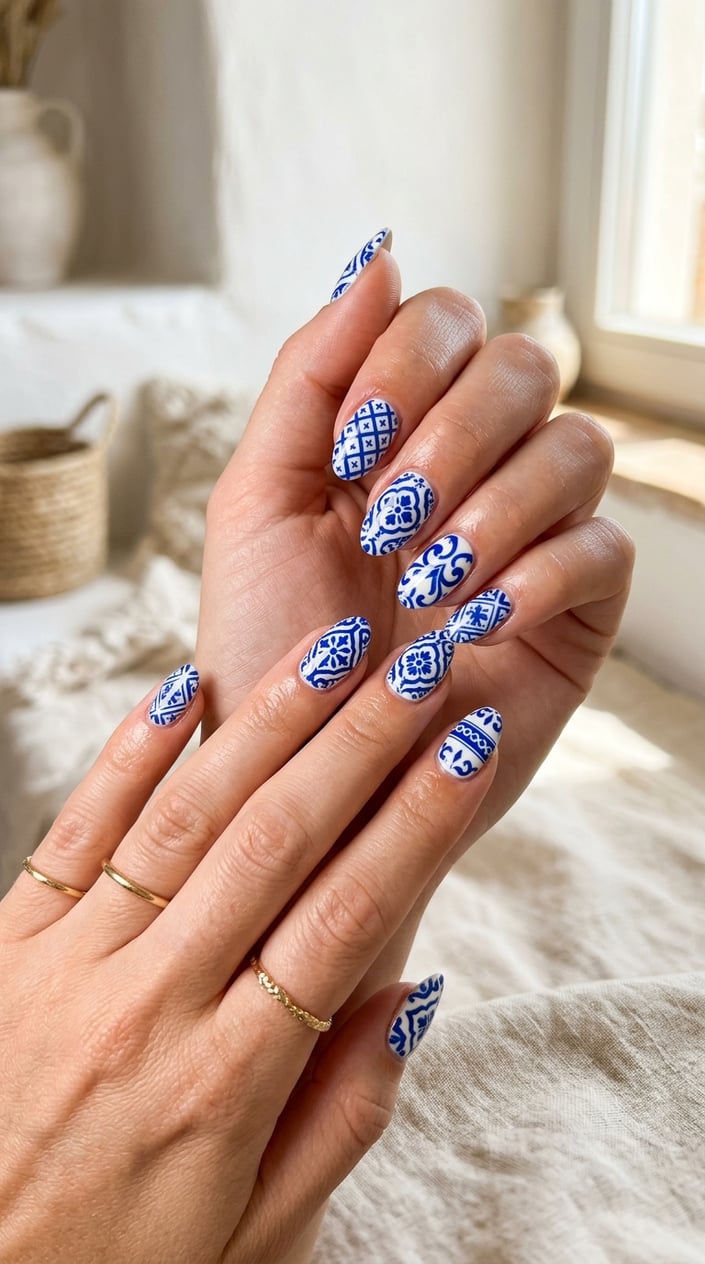 Close-up of hands with blue and white patterned nail art inspired by Mediterranean tile designs.