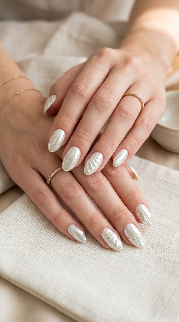 Close-up of hands with pearl white chrome nails featuring seashell-inspired designs.