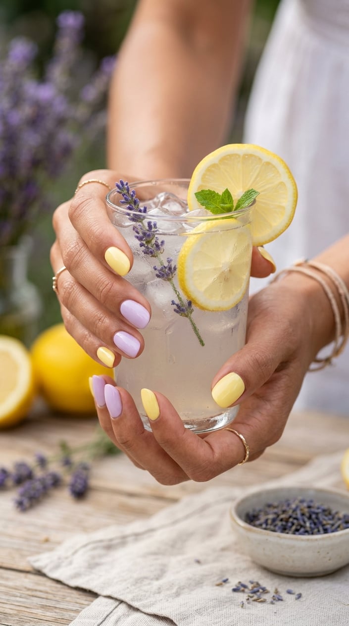 Close-up of hands with pastel yellow and lilac painted nails holding a glass of lavender lemonade with lemon slices.